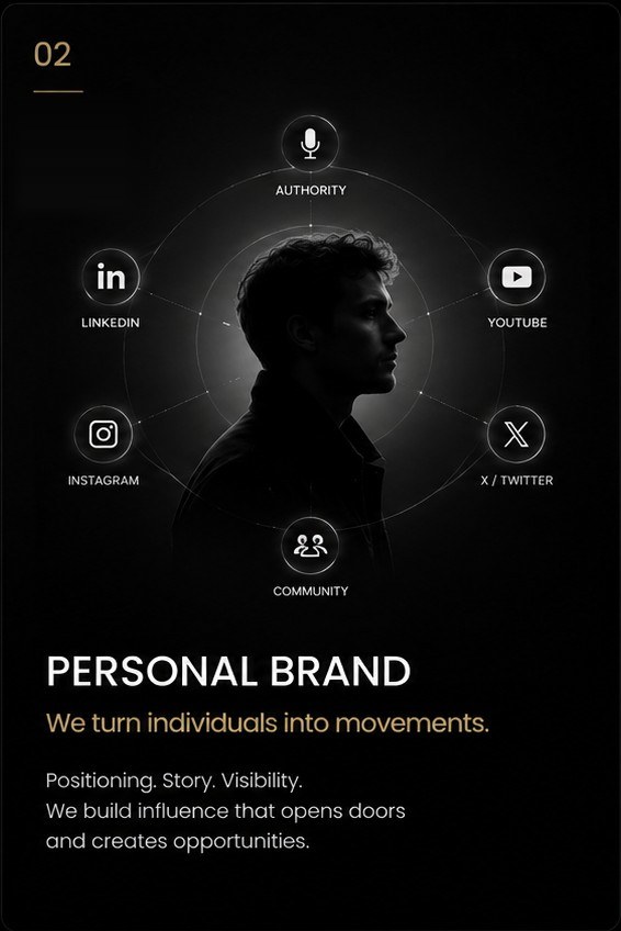 02 Personal brand — we turn individuals into movements. Positioning, story, visibility.